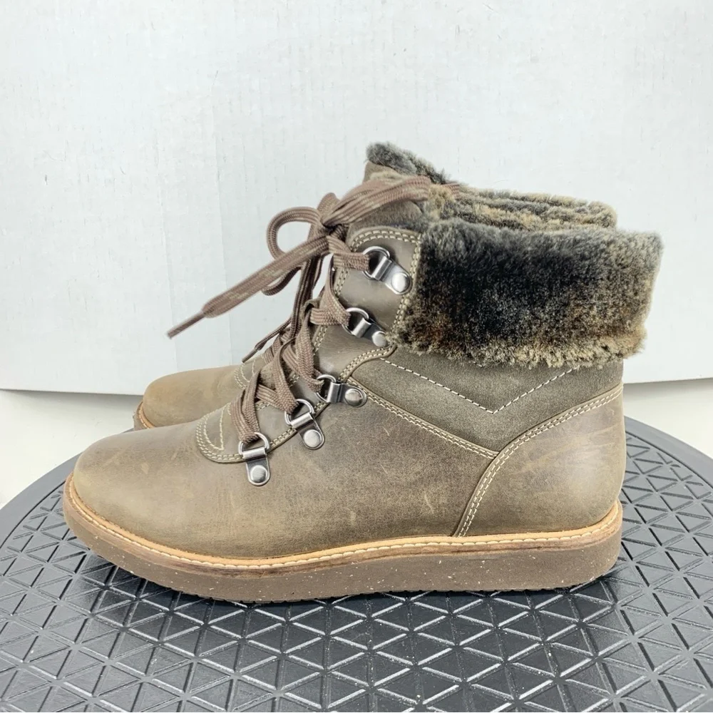 Clarks Women‎ 37.5 Size 7 Boots Brown Leather Faux Fur Lined Shoes Ankle Booties